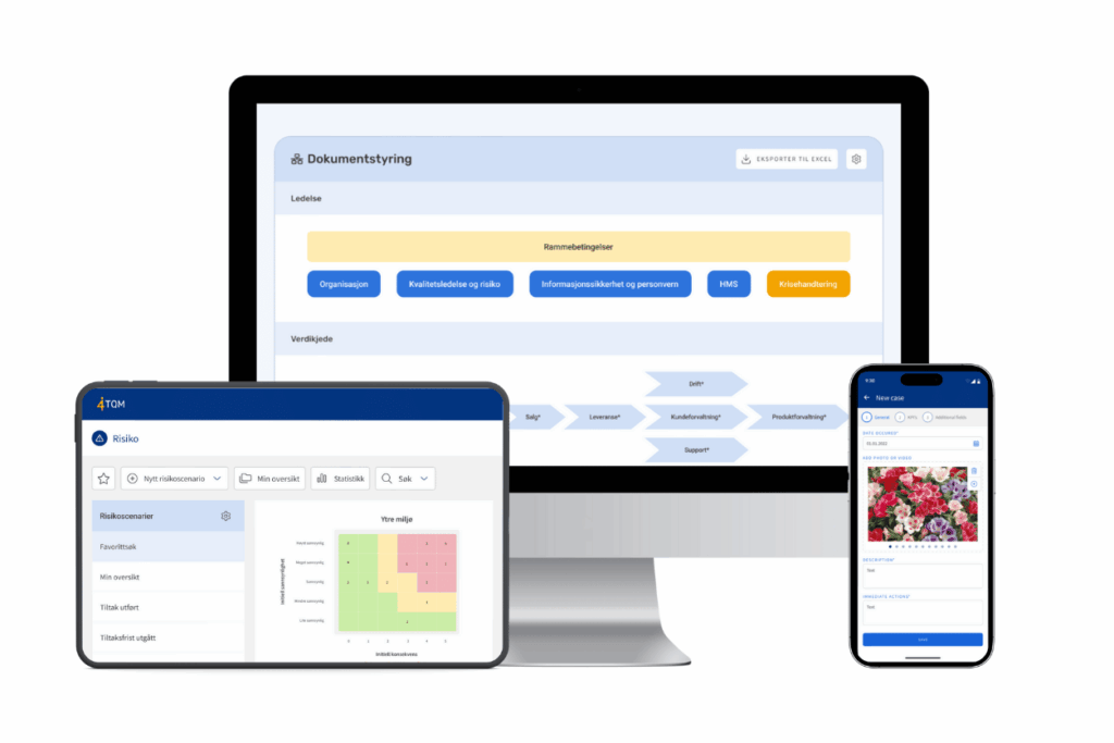 tablet, desktop og mobil som viser tqm ledelsessytem