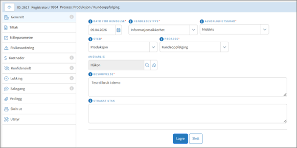 Skjermbilde fra TQm som viser hvordan du kan overstyre prosessansvarlig per hendelse